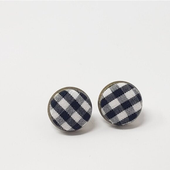 New Handmade | Upcycled Black White Plaid Button Stud Earrings - Picture 1 of 5